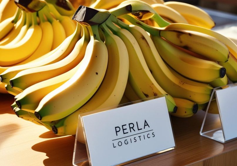 Create a Nanjangud Banana image with a sign on the counter that says 'Perla Logistics' ready for sale Create a Nanjangud Banana image with a sign on the counter that says 'Perla Logistics' ready for sale