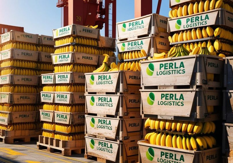 Create a picture showing banana crates at Mersin Port of a company that exports bananas and has 'Perla Logistics' written on signs or crates. (2) Create a picture showing banana crates at Mersin Port of a company that exports bananas and has 'Perla Logistics' written on signs or crates. (2)