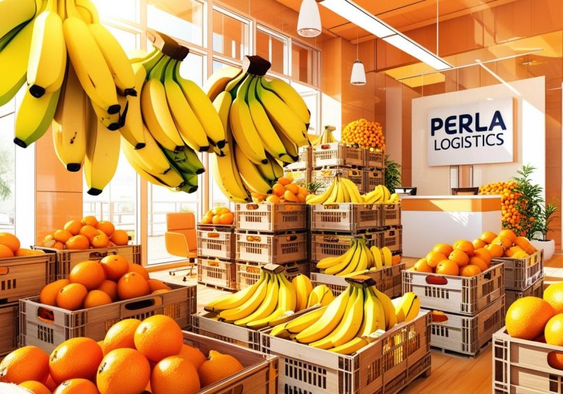 Create an office image that exports bananas and citrus fruits and has a sign that says 'Perla Logistics' (1) Create an office image that exports bananas and citrus fruits and has a sign that says 'Perla Logistics' (1)